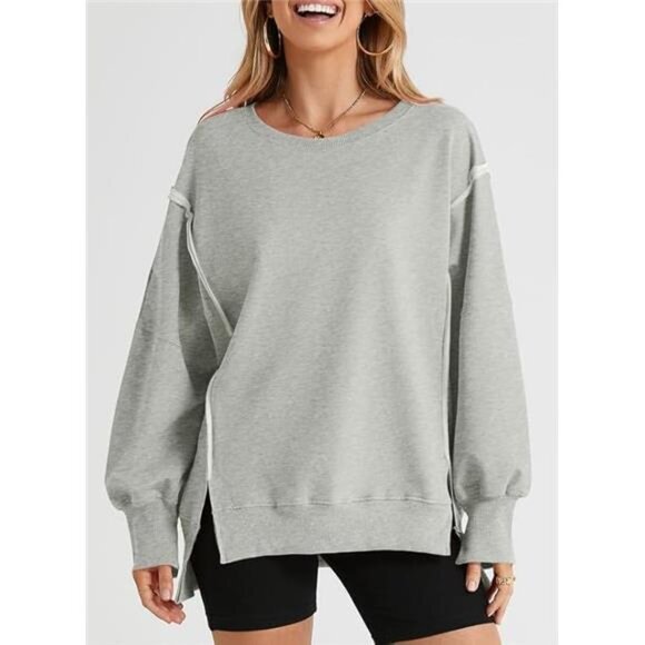 Oversized Reverse Seam Sweatshirt, Casual Long Sleeve Lightweight Pullover, Gray - Picture 2 of 7